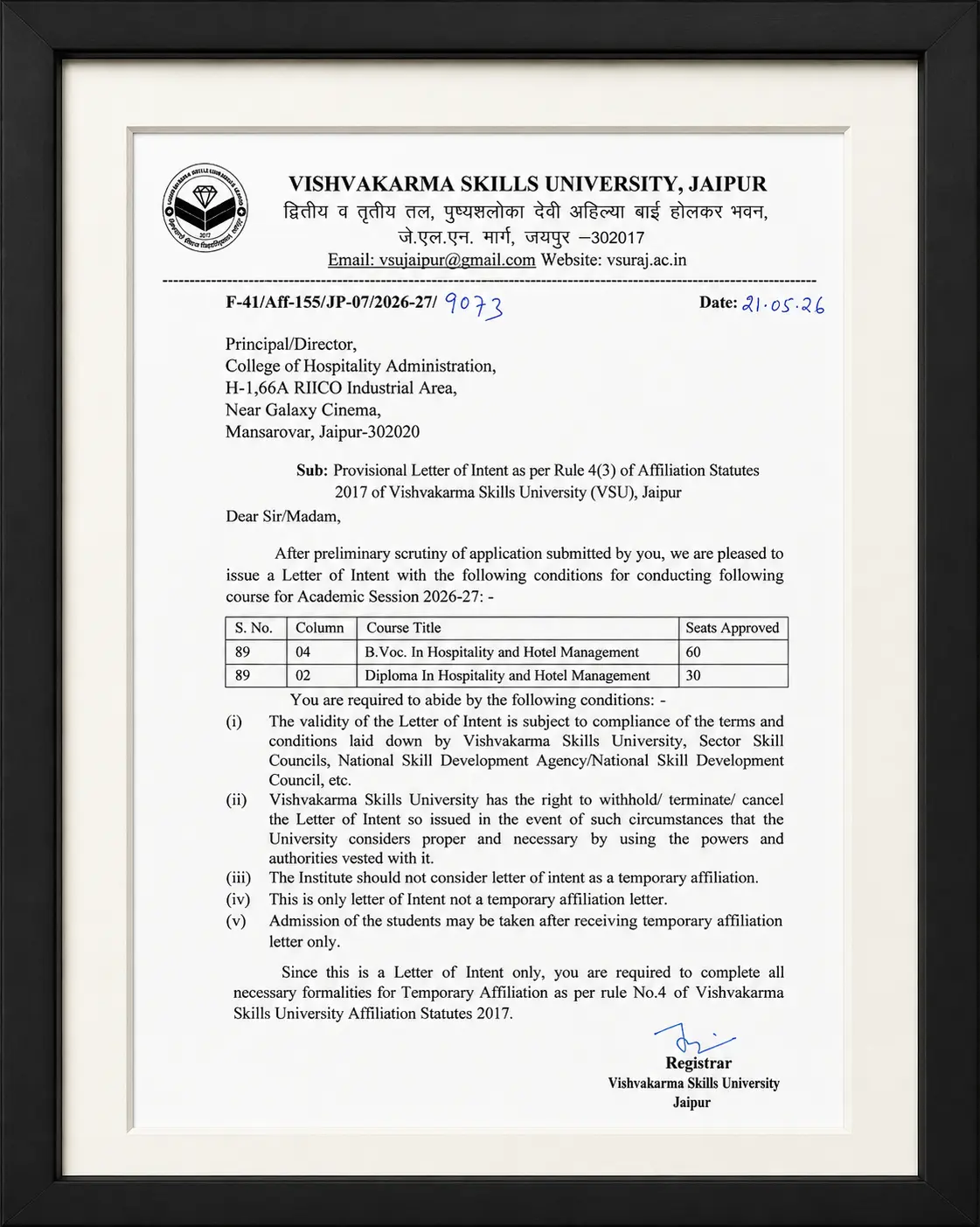 VSU Affiliation Certificate – CHA Jaipur